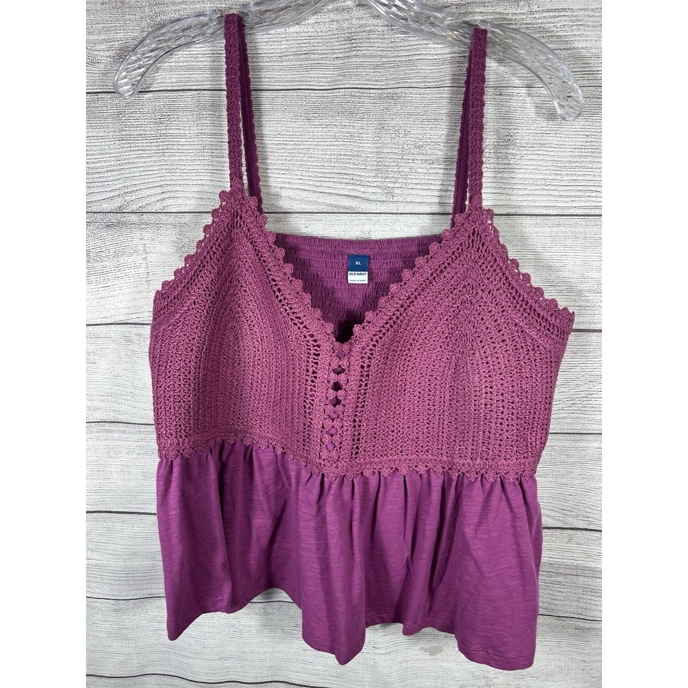 Old Navy Women's XL Crochet Tank Top Boho Pink Smocked Babydoll Cami